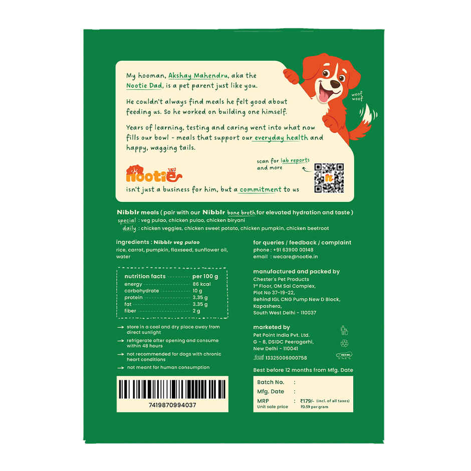 Nibblr By Nootie Fresh Veg Pulao Wholesome Meal | Veggies & Rice Dog Wet Food 300gm