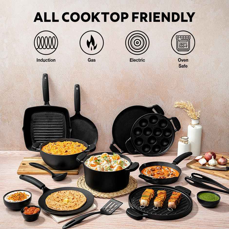 Tramontina Titanex 20 cm Pre-Seasoned Cast Iron Biryani Pot 3.1L, Non-Toxic, Induction Ready, Toughned Glass Lid with Steam Release, Snap-On Cool Touch Grips, Excellent Heat Retention & Even Heating