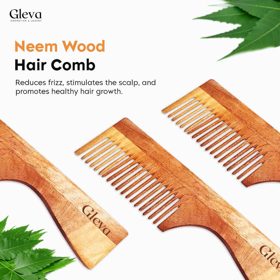 Gleva Natural Neem Wood Hair Comb, Wide Tooth Comb with Handle Anti Frizz Detangling Scalp Massage