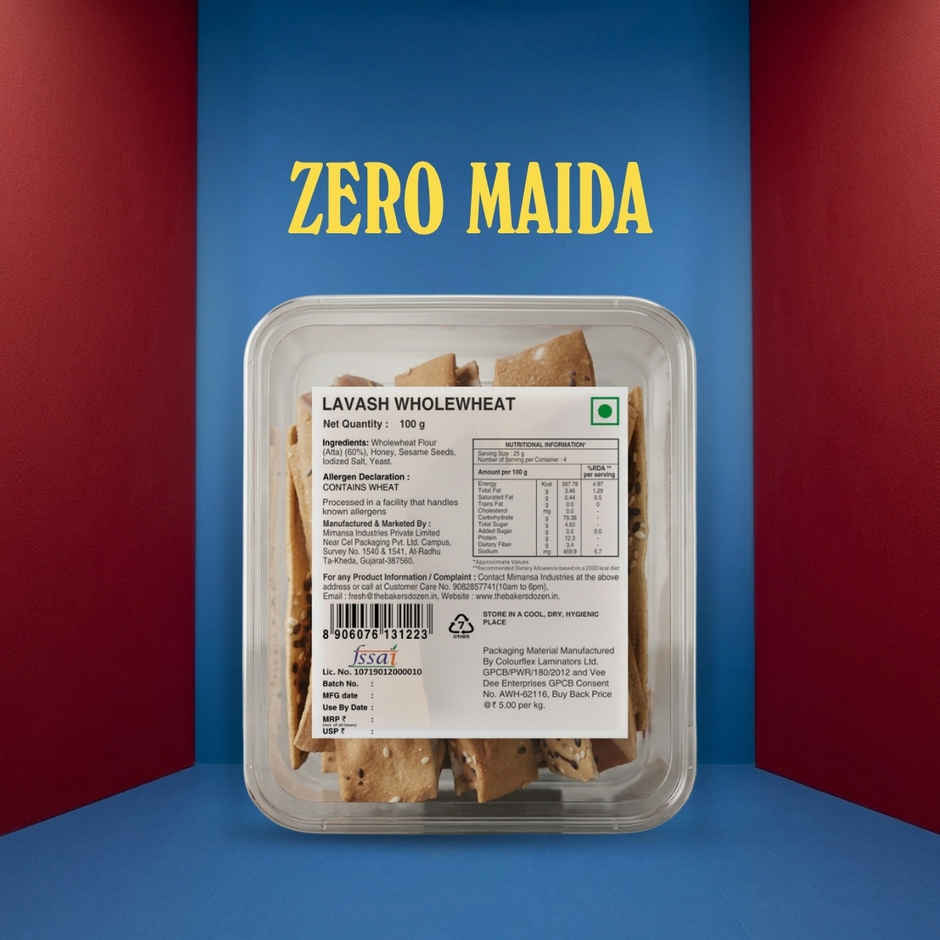 The Baker's Dozen Lavash Zero Maida| Baked | Flatbread Crisp for Dip | Whole Wheat | Healthy Snacks