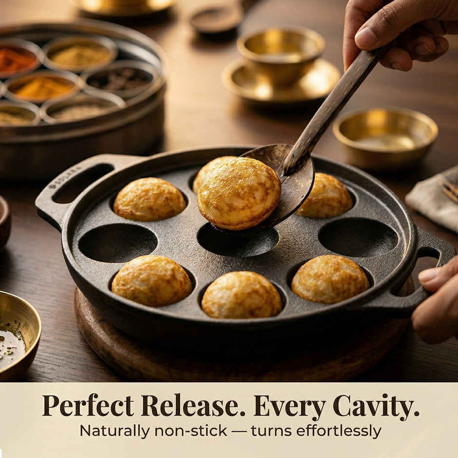Solara Essentials Pre Seasoned 12 Cavity Cast Iron Paniyaram | 20 cm | Black