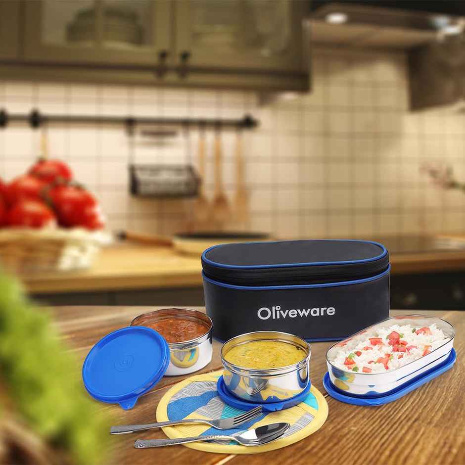 Oliveware Sophia Lunch Box, 3 Stainless Steel Container with BPA Free Lids and Steel Cutlery- Blue