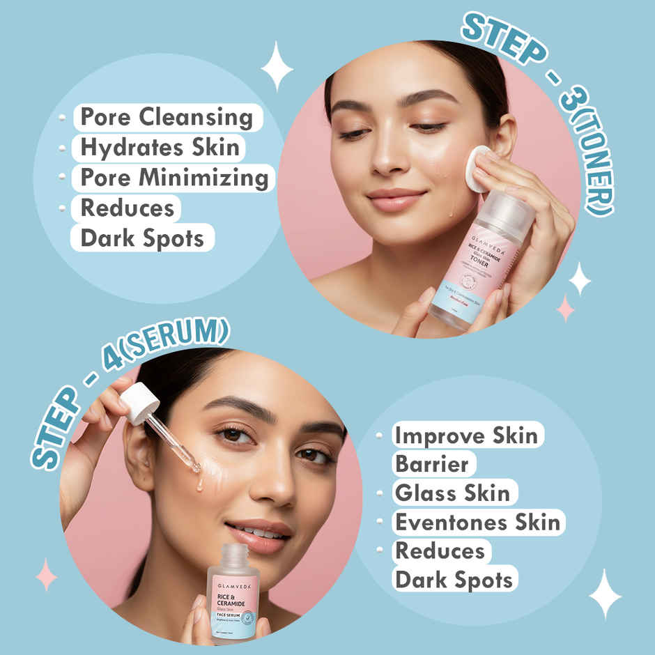 Glamveda Korean Glass Skin Rice and Ceramide 7 Step Weekly Skincare Routine For Women with Gift Box