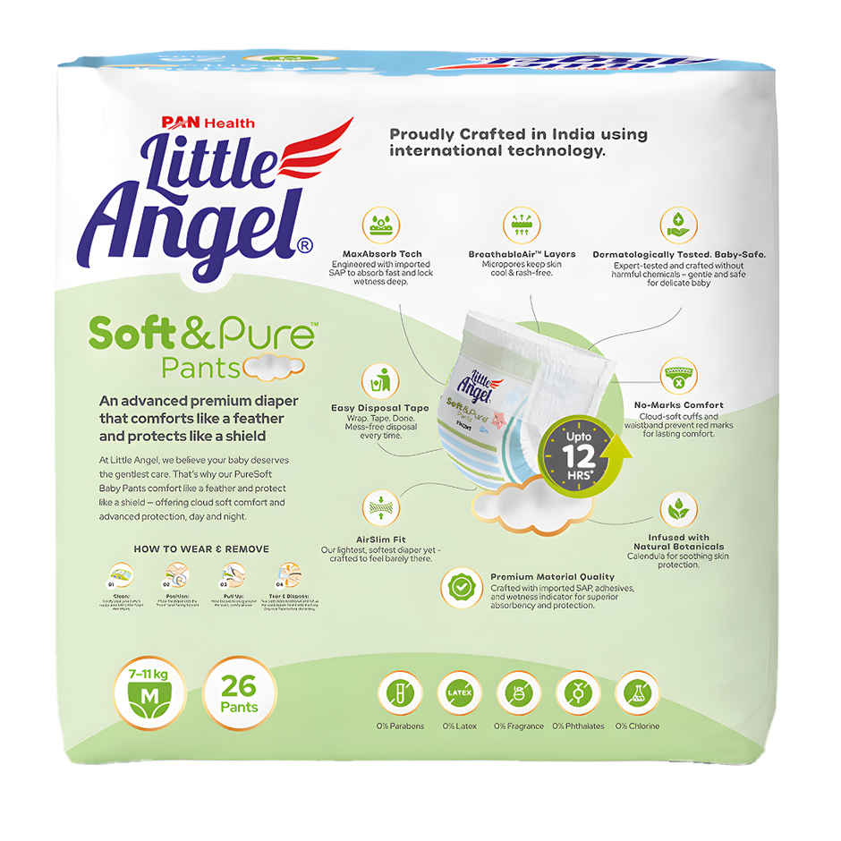 Little Angel Soft Pure Baby Diaper Pants 12 Hours Absorption | Medium | 7 to 12 kg