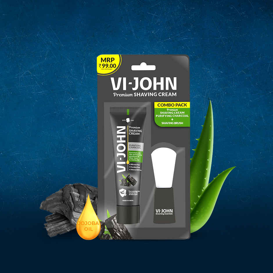 VI-JOHN Premium Dermatologically Tested Purifying Charcoal Shaving Cream with Shaving Brush