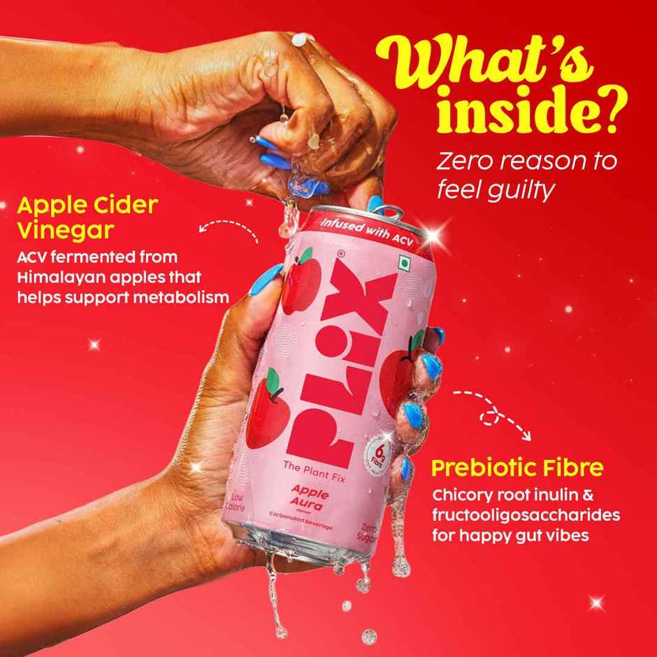 Plix Apple Aura Fizzy Soft Drink Can | Low Calorie & Zero Sugar | Prebiotics With 6g Fibre | Soda