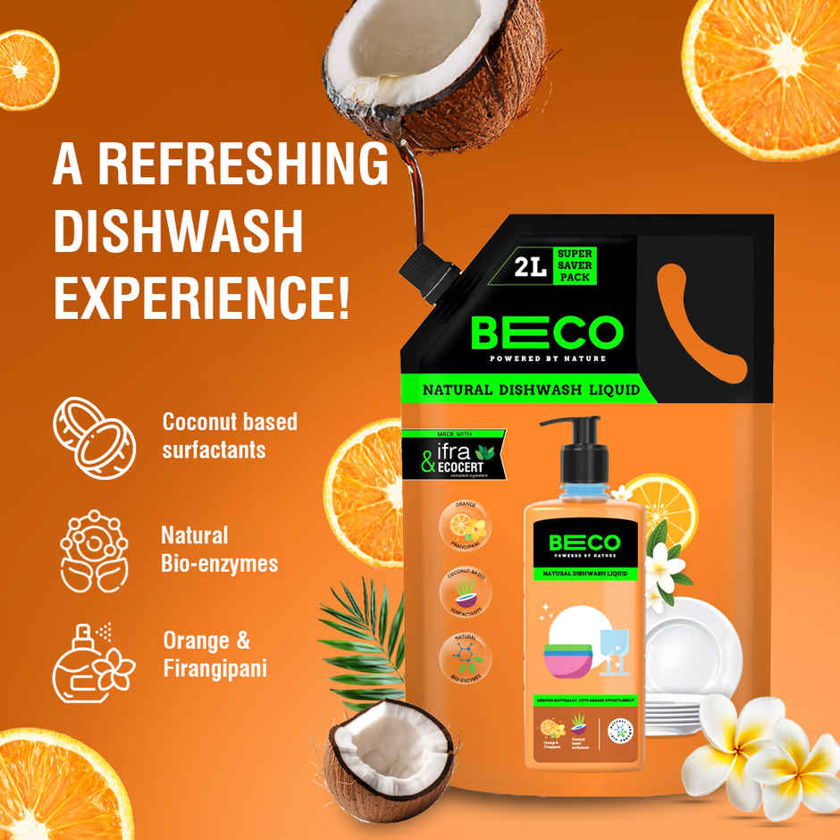 Beco Lemongrass & Basil Freshness Natural Disinfectant Floor Cleaner Refill Pack (2L) & Beco Natural Orange Citrus Freshness Dishwash Liquid Refill (2L) Combo