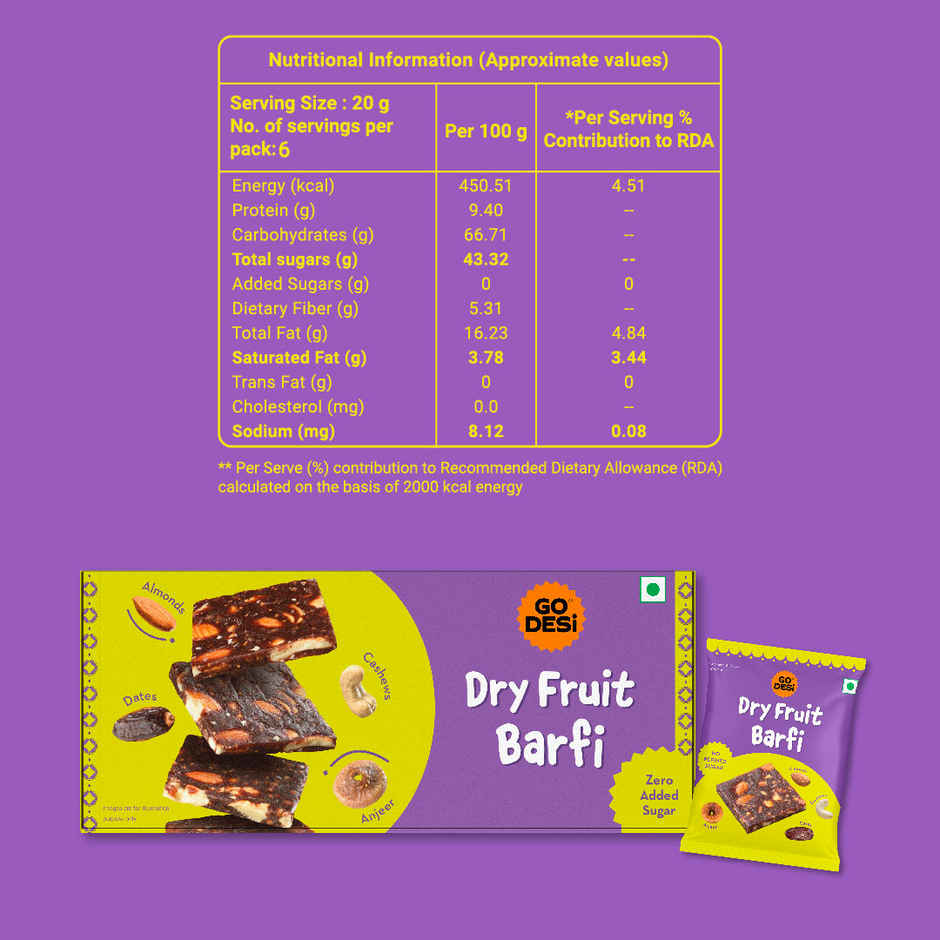 Dry Fruit Barfi, 6 Pcs | No Added Refined Sugar | Single Packs | Burfi | Sweets | By Go Desi