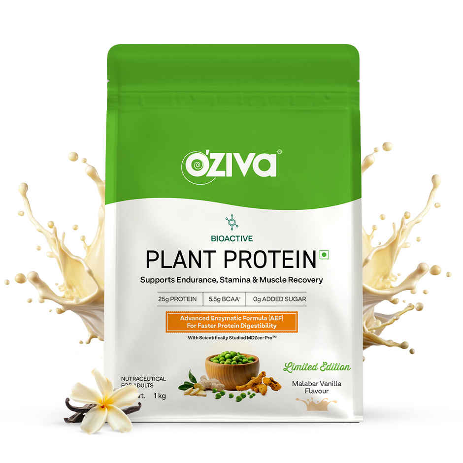 Oziva Bioactive Plant Protein Powder, 25g Protein | 5.5g Bcaa | Eaa | Sugar Free - Malabar Vanilla