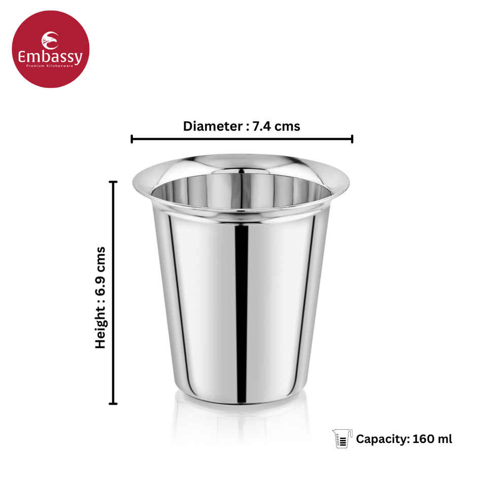 Embassy Premium Coffee Glasses / Tea Tumblers, 160 ml Each (Size 2), Pack Of 6, Stainless Steel