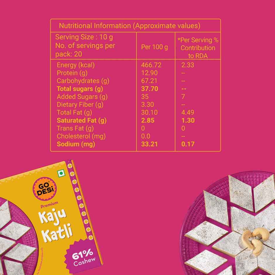 GO DESi Premium Kaju Katli | 61% Cahews | More Cashew, Less Sugar