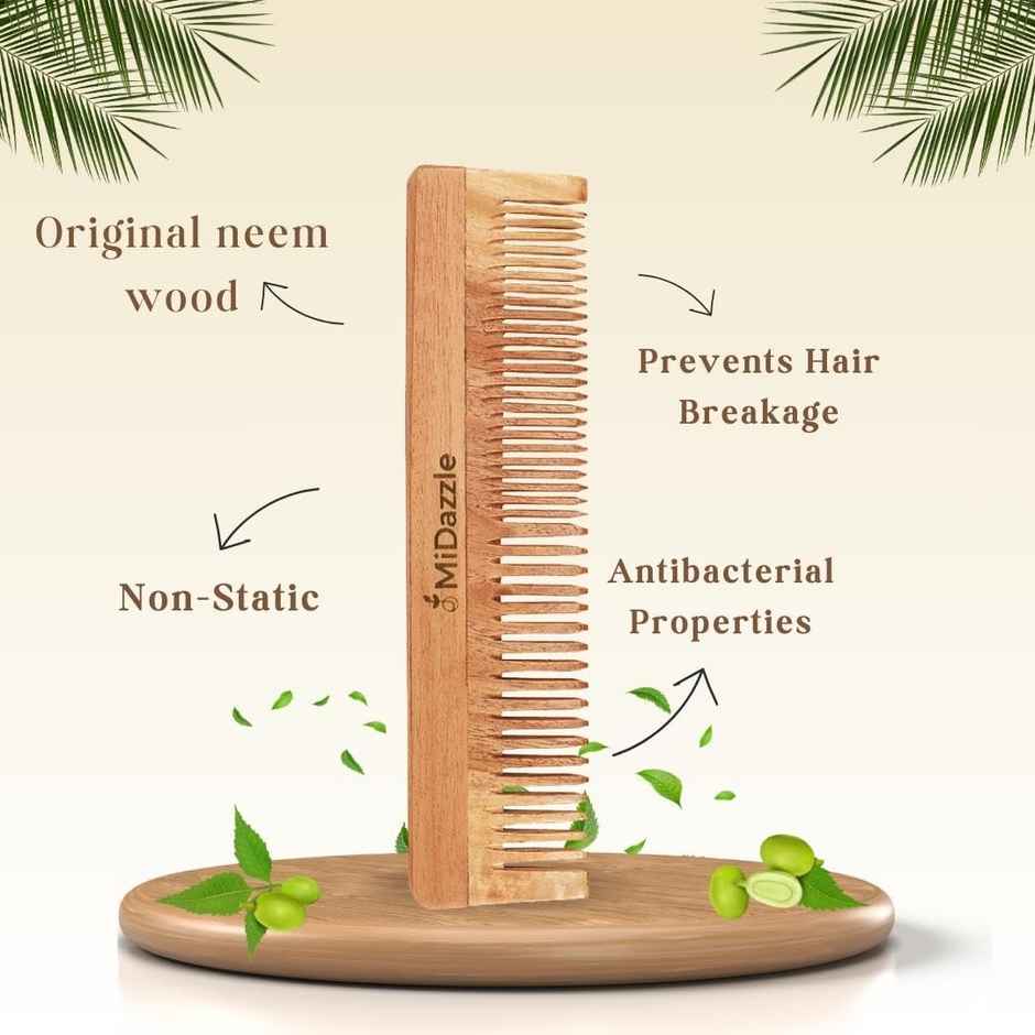 Midazzle Organic Kacchi Neem Wooden Grooming Comb 2in1 | MINC2105