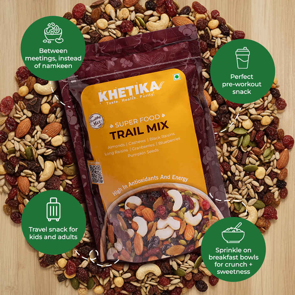 Khetika Trail Mix | 7 Superfoods in 1 Mix | Almonds, Cashews, Raisins, Berries & Seeds