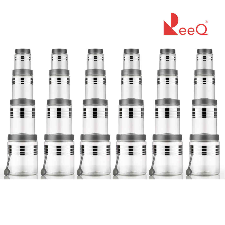 ReeQ Kitchen Storage Jar Set Transparent Plastic Containers with Silver Lids and Spoons