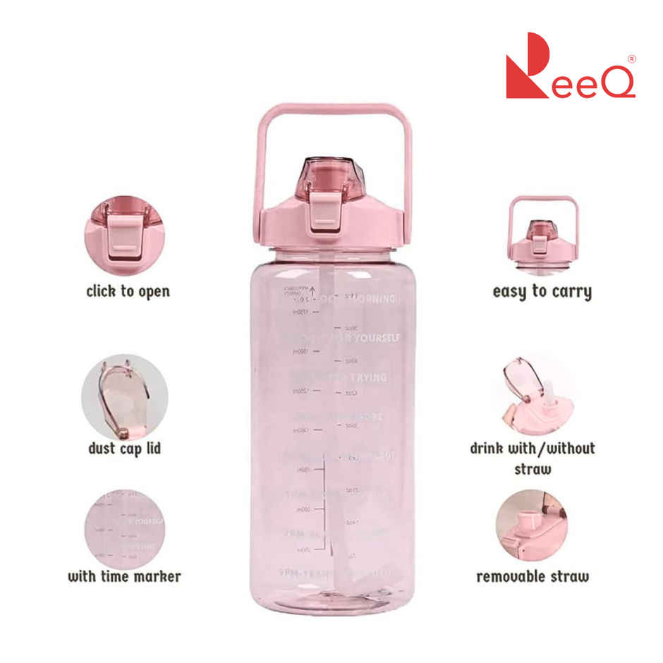 ReeQ PET Motivational Water Bottle with Straw & Time Marker | BPA Free, Leak-Proof | Pink - 2 L
