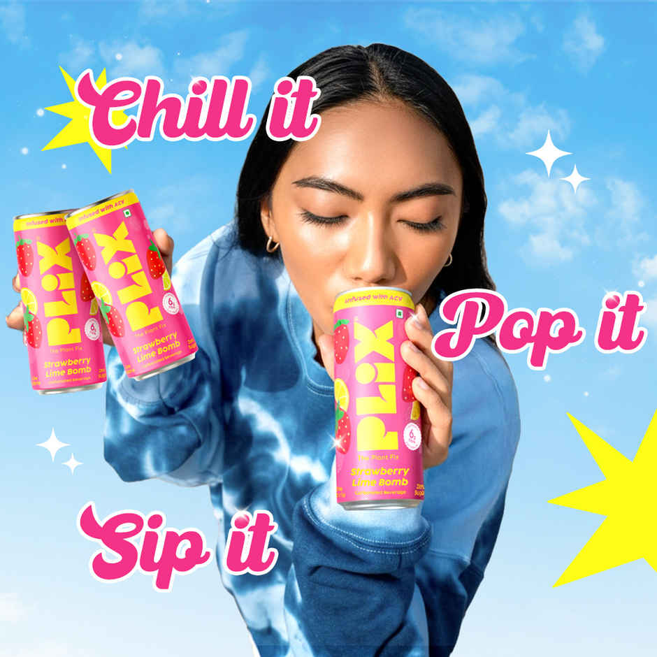 Plix Strawberry Lime Bomb Fizzy Soft Drink Can|Low Calorie & Zero Sugar|Prebiotics with 6g Fibre