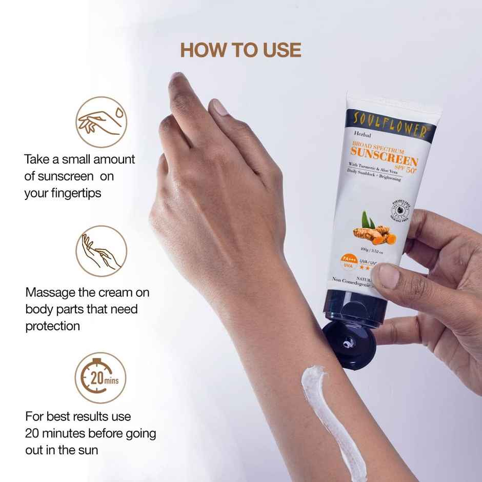 Soulflower Herbal Broad Spectrum Sunscreen With Turmeric Aloe Vera - SPF 50+ PA+++ Matte Finish, No - White Cast For Men & Women