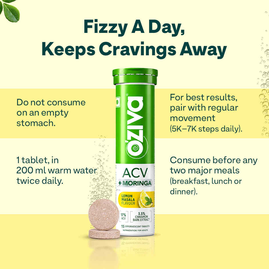 Oziva Apple Cider Vinegar with Moringa Tablets for Weight Management & Craving Control|Lemon Masala