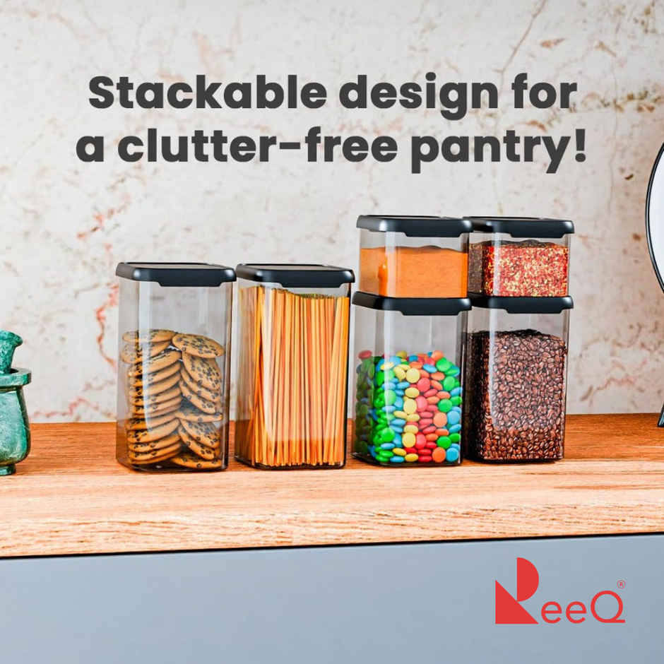 ReeQ Airtight Food Storage Containers Square Jars | Black Lid - 500 ml