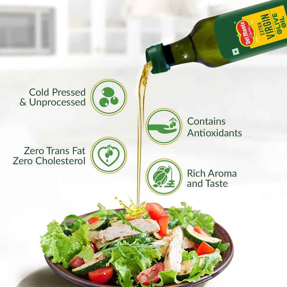 Del Monte Extra Virgin Olive Oil | Cold Pressed | Zero Cholesterol & Trans-Fat | 75% Mufa