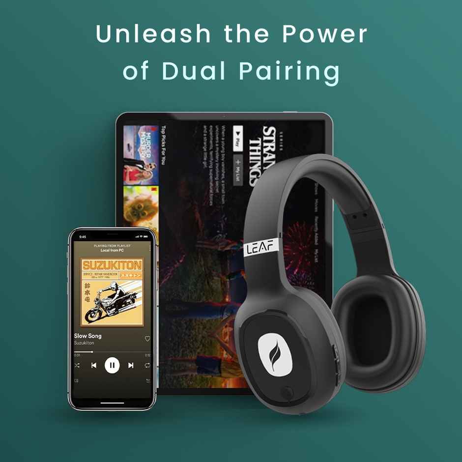 Leaf Bass Wireless Headphone w/AI Sound App | Dual Pairing | 38 mm Driver | Carbon Black