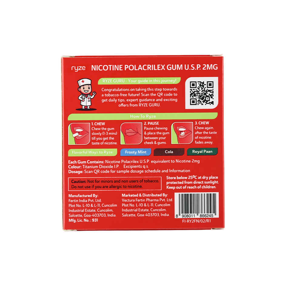 Ryze Paan Masala Nicotine Gum 2Mg | 9 Gum Blister (1pc) & Ryze Royal Paan Nicotine Gums 2Mg | 9 Gum Blister (1pc) & Ryze Frosty Mint Nicotine Gums 2Mg | 9 Gum Blister (1pc) & Ryze Nicotine Gums 2Mg (Fresh Fennel) Gums Single Pack - 9 Gum Blister (1pc) & Ryze Nrt 2Mg (Fruit Blast) Nicotine Gums Single Pack - 9 Gum Blister (1pc) Combo