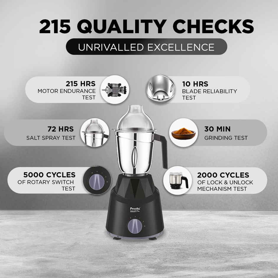 Preethi Galaxy Plus Mixer Grinder For Kitchen | 750 Watt Mixie | 4 Jars - Black