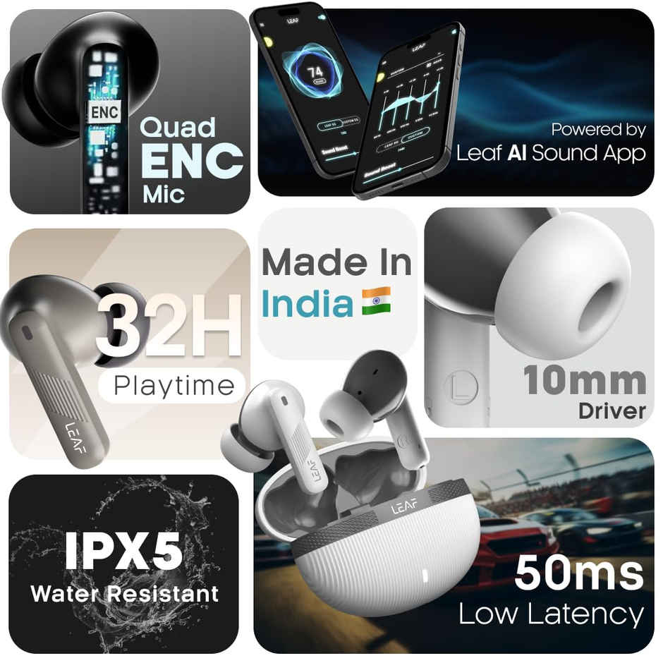 Leaf Buds X342 True Wireless Earbuds With Ai Sound App, 32H Playtime, 10Mm Driver(White Grey)