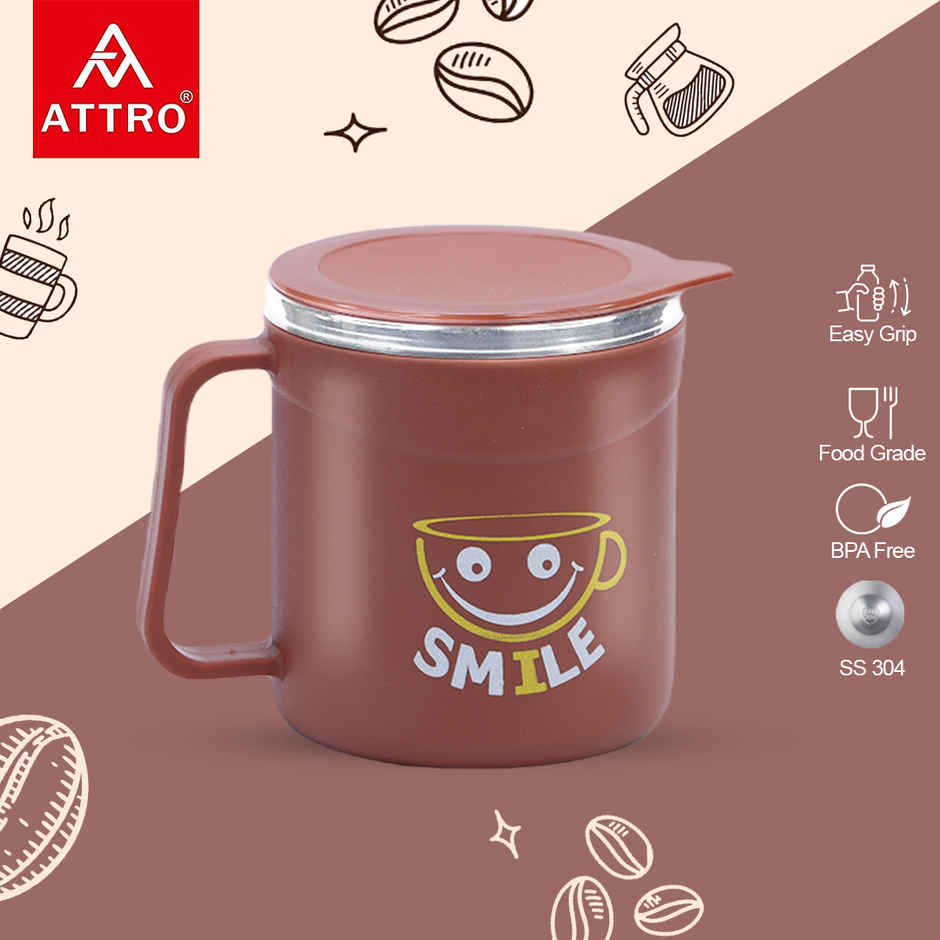 Attro Happy Mug | Double Wall Stainless Steel Lid | Cup for Hot Coffee-Tea | 300 ml | Red