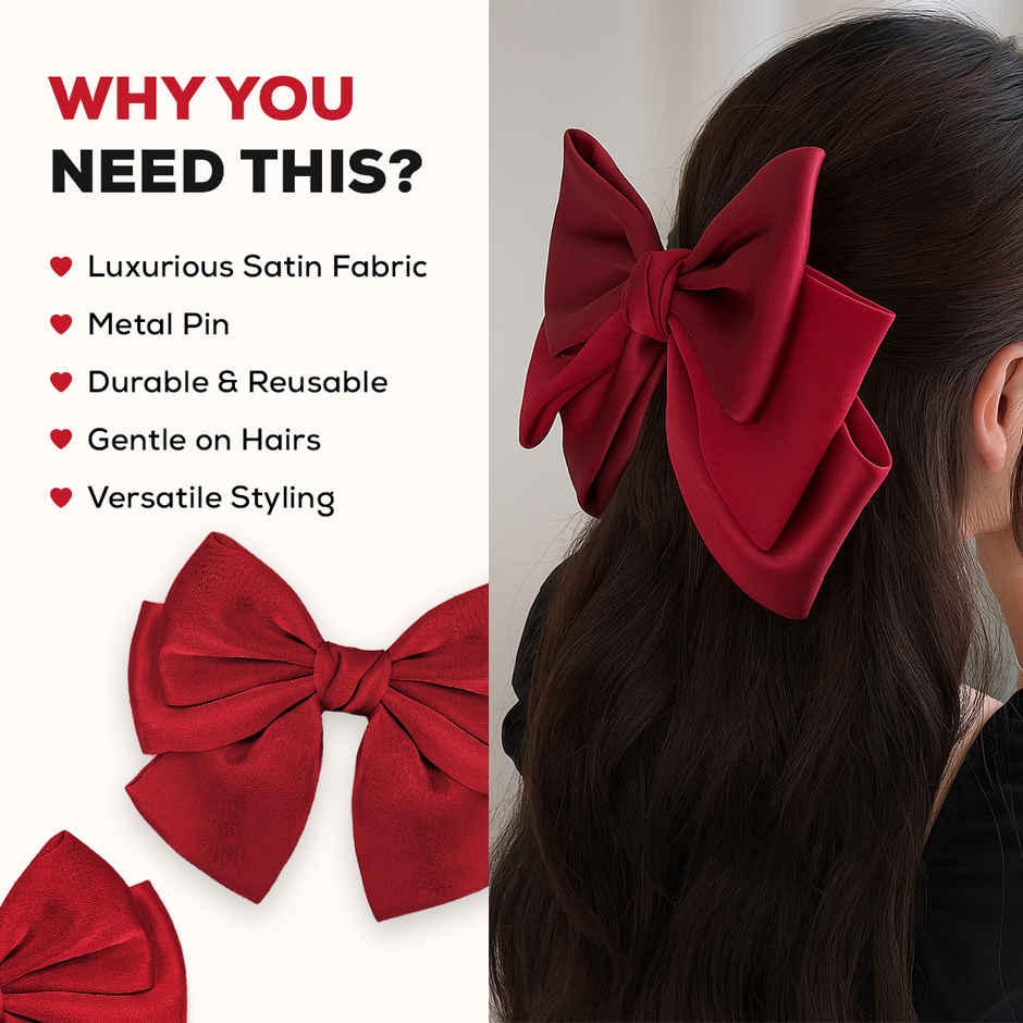 Gleva Women's Large Bow Hair Clip | Soft Long Tail Bow Tie Hair Accessory with Metal Clip Red