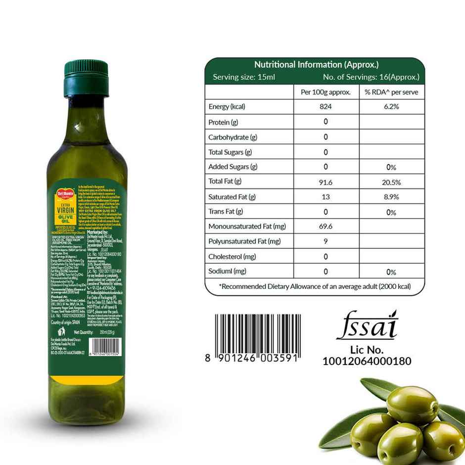Del Monte Extra Virgin Olive Oil | Cold Pressed | Zero Cholesterol & Trans-Fat | 75% Mufa