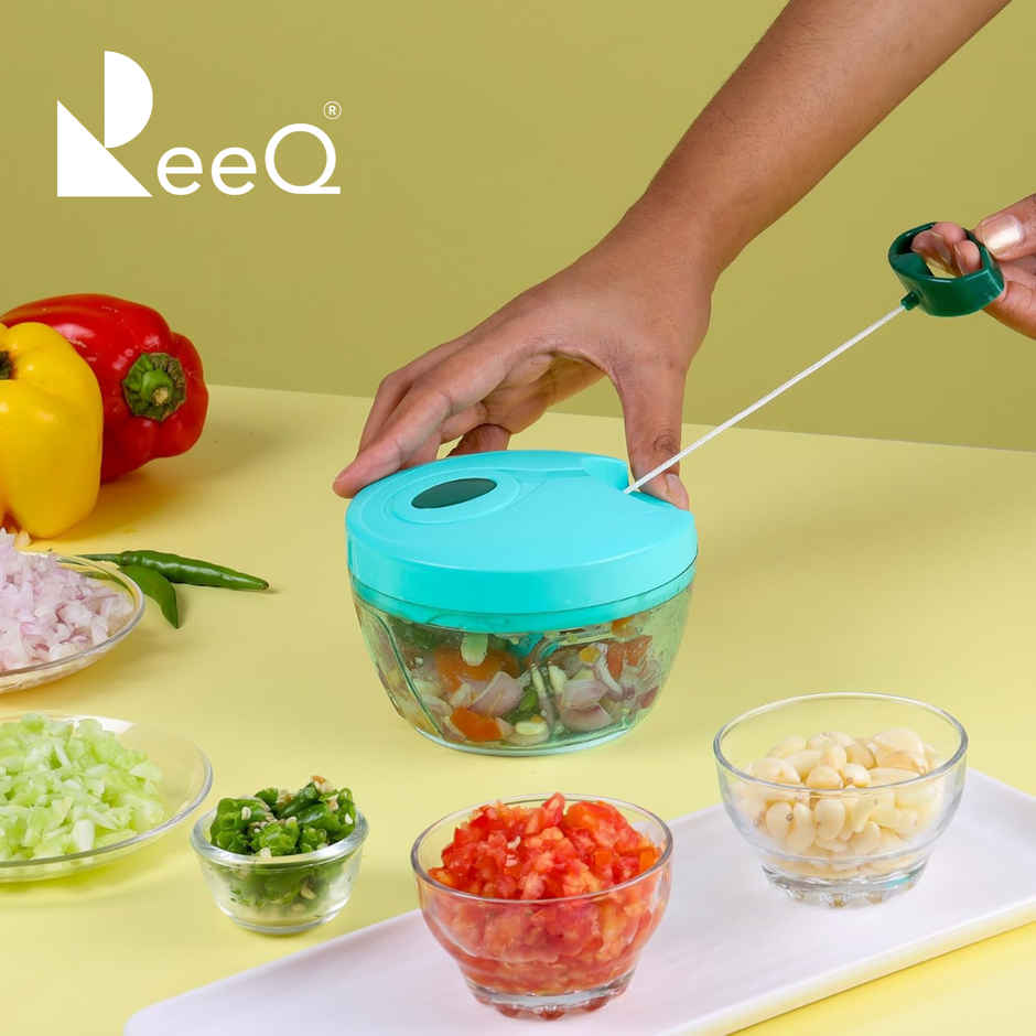 ReeQ Manual Pull Chopper -Mini Vegetable & Fruit Cutter with 3 Stainless Steel Blades
