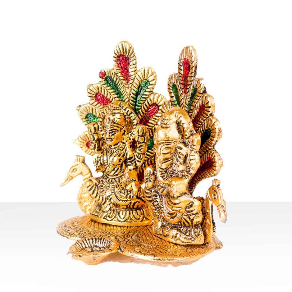 Diya Laxmi Ganesh With Meenakari Stonework | Golden | Metal | Diya-Pooja | Devnidhi