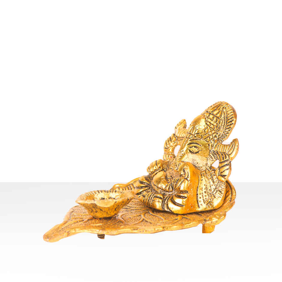 Diya Ganesh on Gold Peepal Leaf | Golden | Metal | Diya-Pooja | Devnidhi