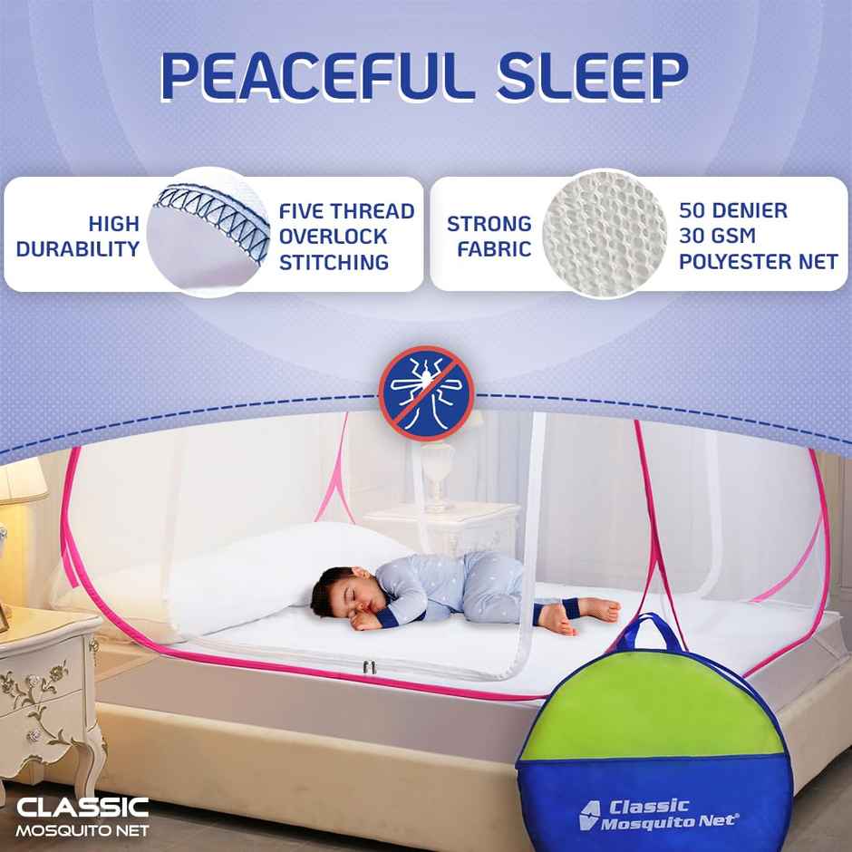 Classic Mosquito Net For Double Bed | Queen Size Foldable Machardani - Pink