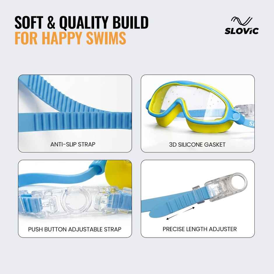 Slovic Kids Swimming Goggles with UV Protection, Ear Plugs & Leak-Proof Fit (Blue, Yellow)