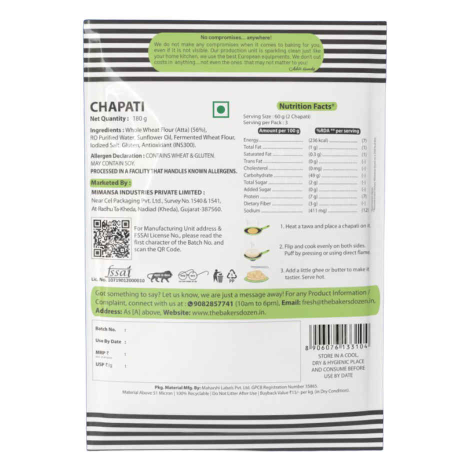 The Baker's Dozen Zero Maida Chapati | Ready to Eat | Ready to Cook | Wheat Roti | Clean Label