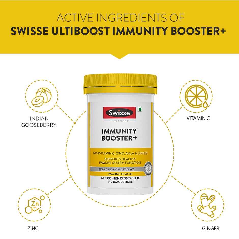 Swisse Immunity Booster+ With Vitamin C And Zinc - Contains Amla And Ginger - 30 Tablets