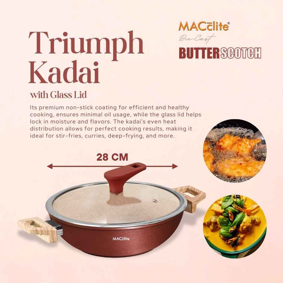 Macclite Non-Stick PDC Granite+ Induction Base Butter Scotch Triumph Kadai 28 cm With Glass Lid