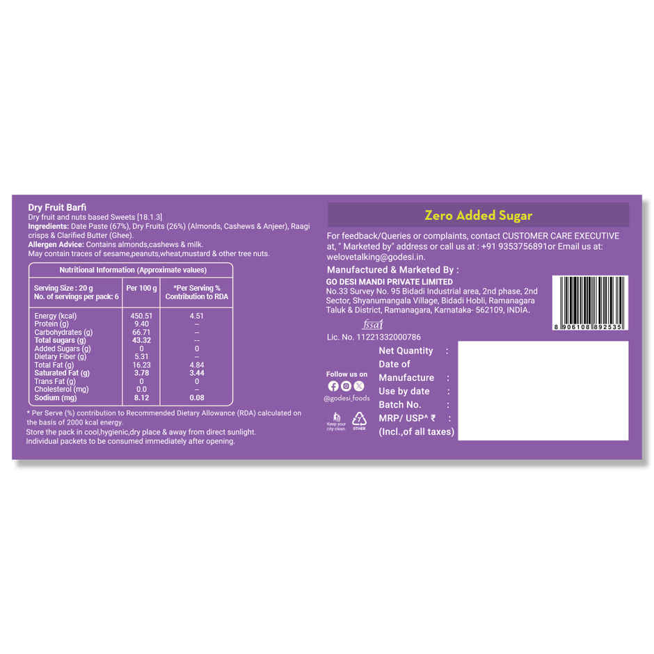 Dry Fruit Barfi, 6 Pcs | No Added Refined Sugar | Single Packs | Burfi | Sweets | By GO DESi