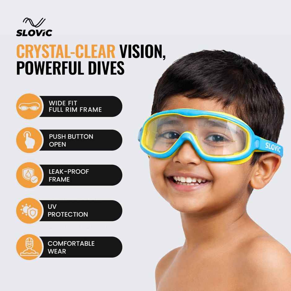 Slovic Kids Swim Goggles for Ages 6-14 with Ear Plugs with Anti-Fog & UV Protectection - Blue/Yellow