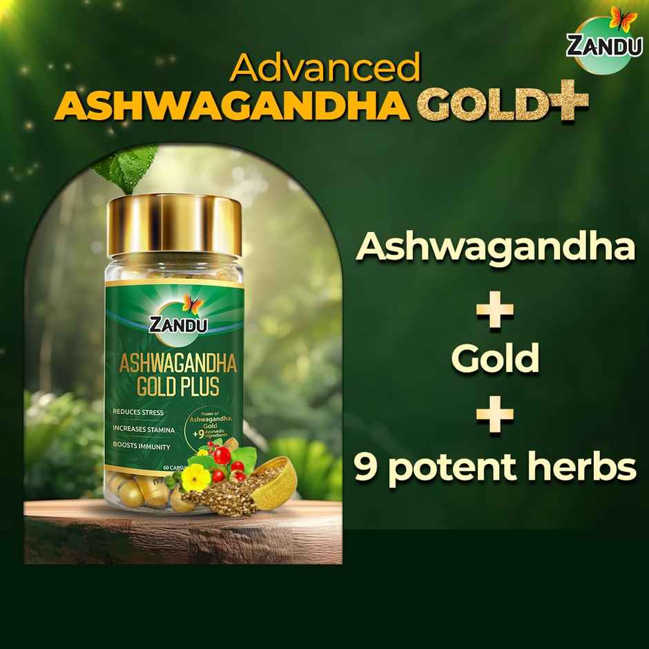 Zandu Ashwagandha Gold Plus Made with 24K Pure gold 9 Potent Herbs, Helps Improves Strength
