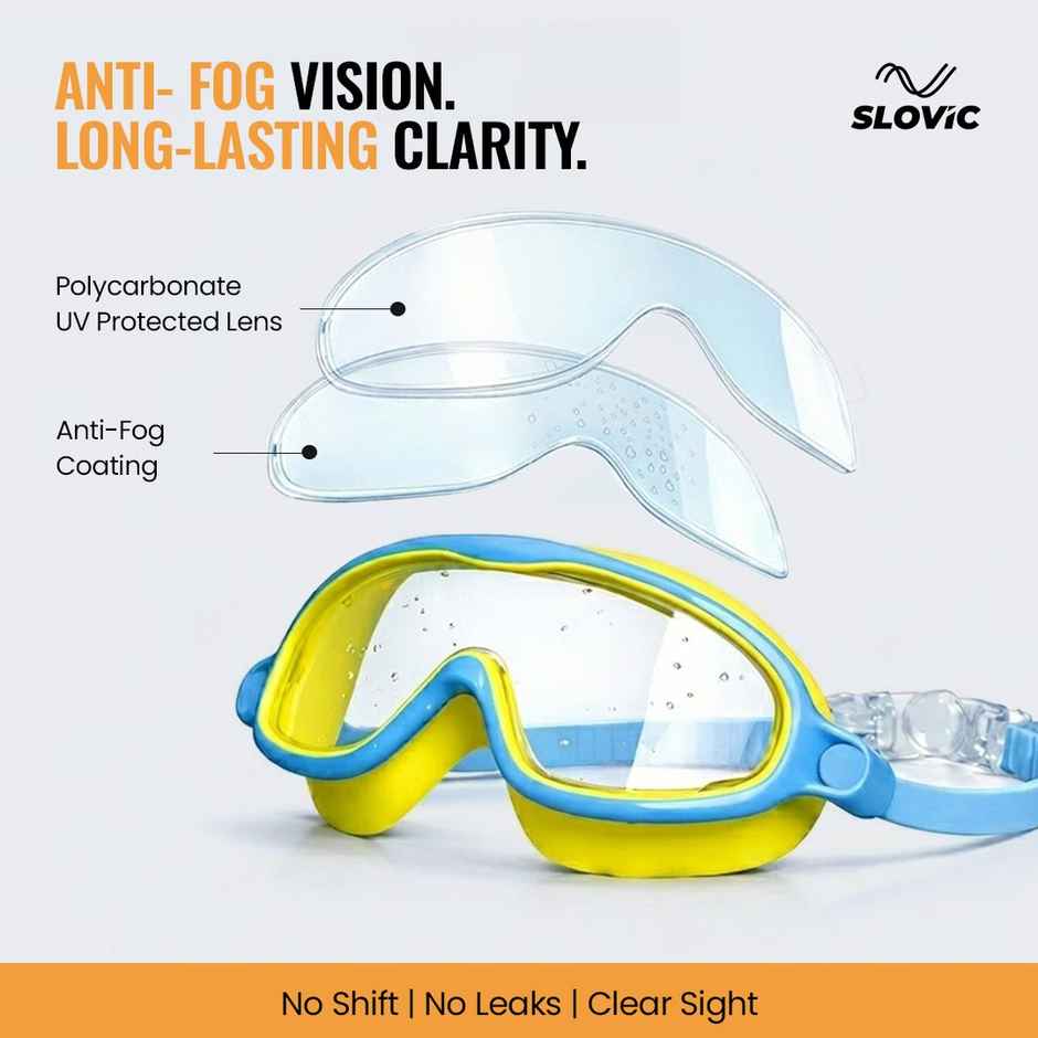 Slovic Kids Swimming Goggles with UV Protection, Ear Plugs & Leak-Proof Fit (Blue, Yellow)