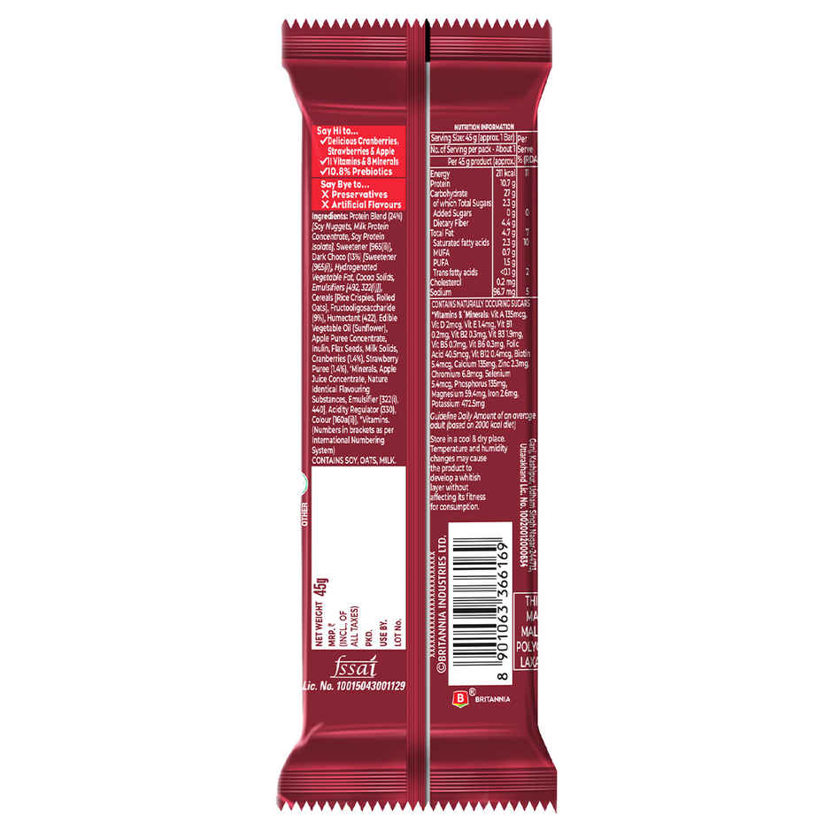 Britannia BeYou 10g Protein Bar Choco Berries| No Added Sugar| 10.8% Prebiotics| High Fibre
