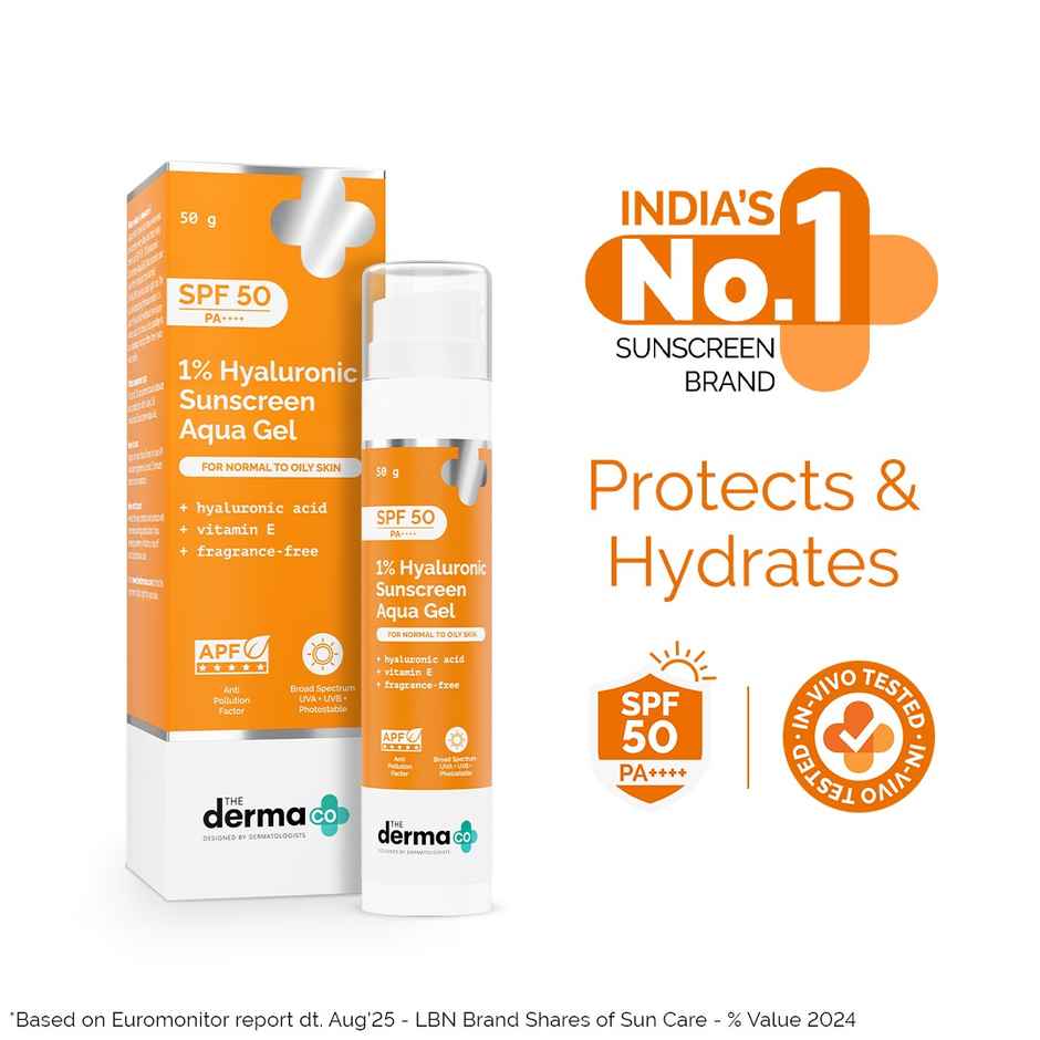 The Derma Co 1% Hyaluronic Sunscreen Aqua Ultra Light Gel With SPF 50 PA++++ For Broad Spectrum UVA UVB & Blue Light Protection Combo