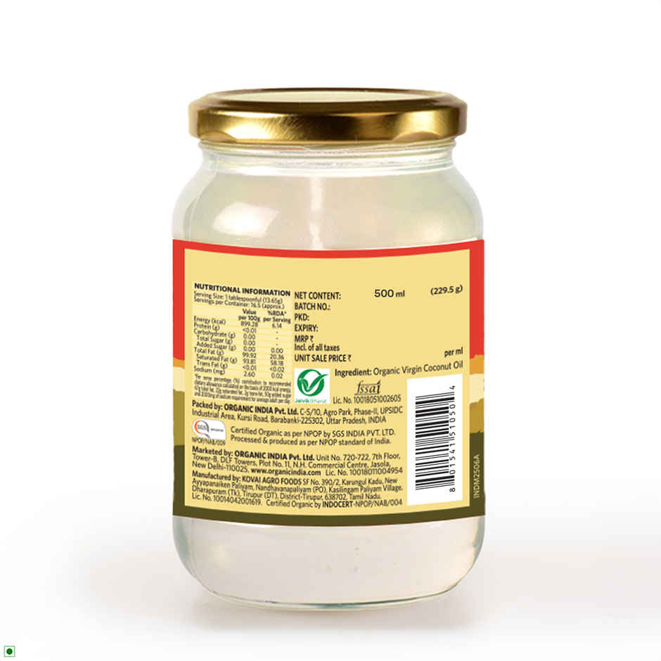 A TATA Product - Organic India Virgin Coconut Oil, Certified Organic, Lab Tested on 600+ Parameters