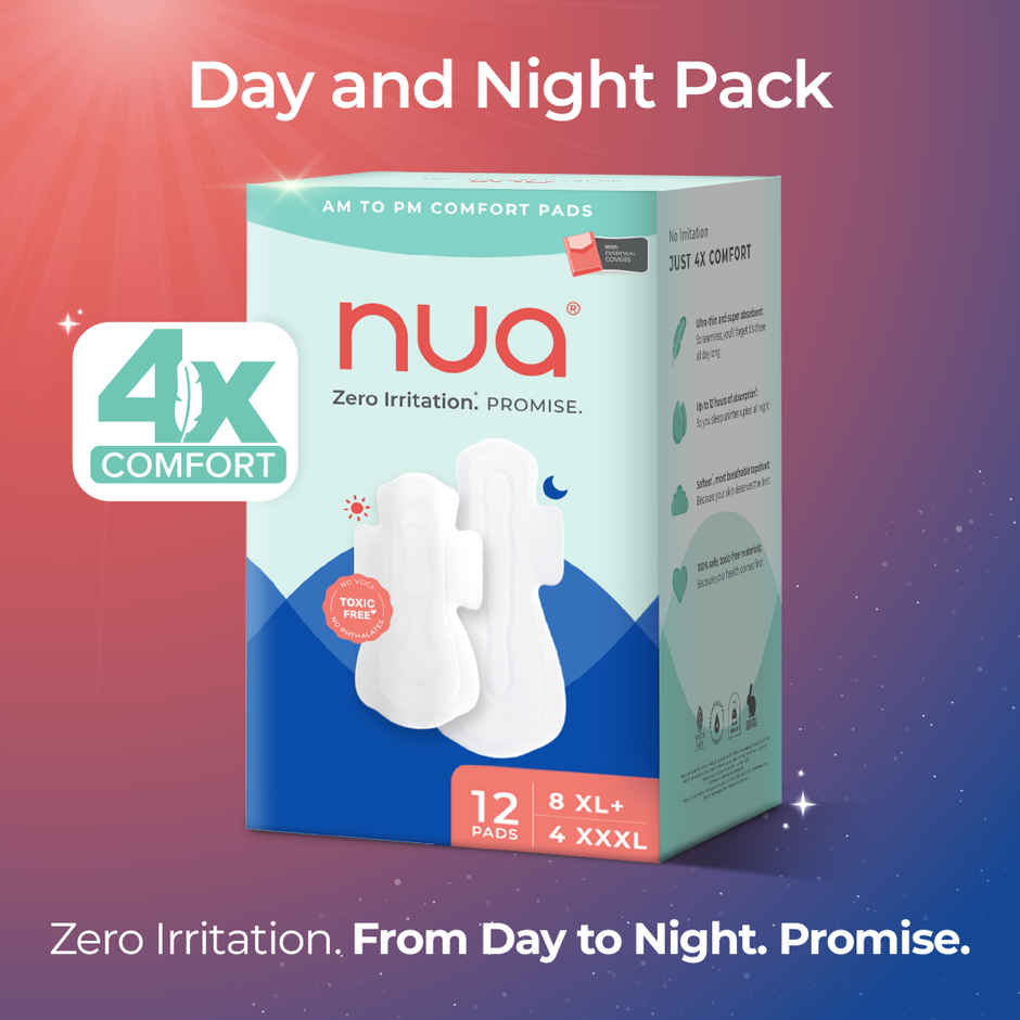 Nua Day and Night Sanitary Pads with Disposal Cover | 8 XL + 4 XXXL | XL / XXXL | 12 pcs