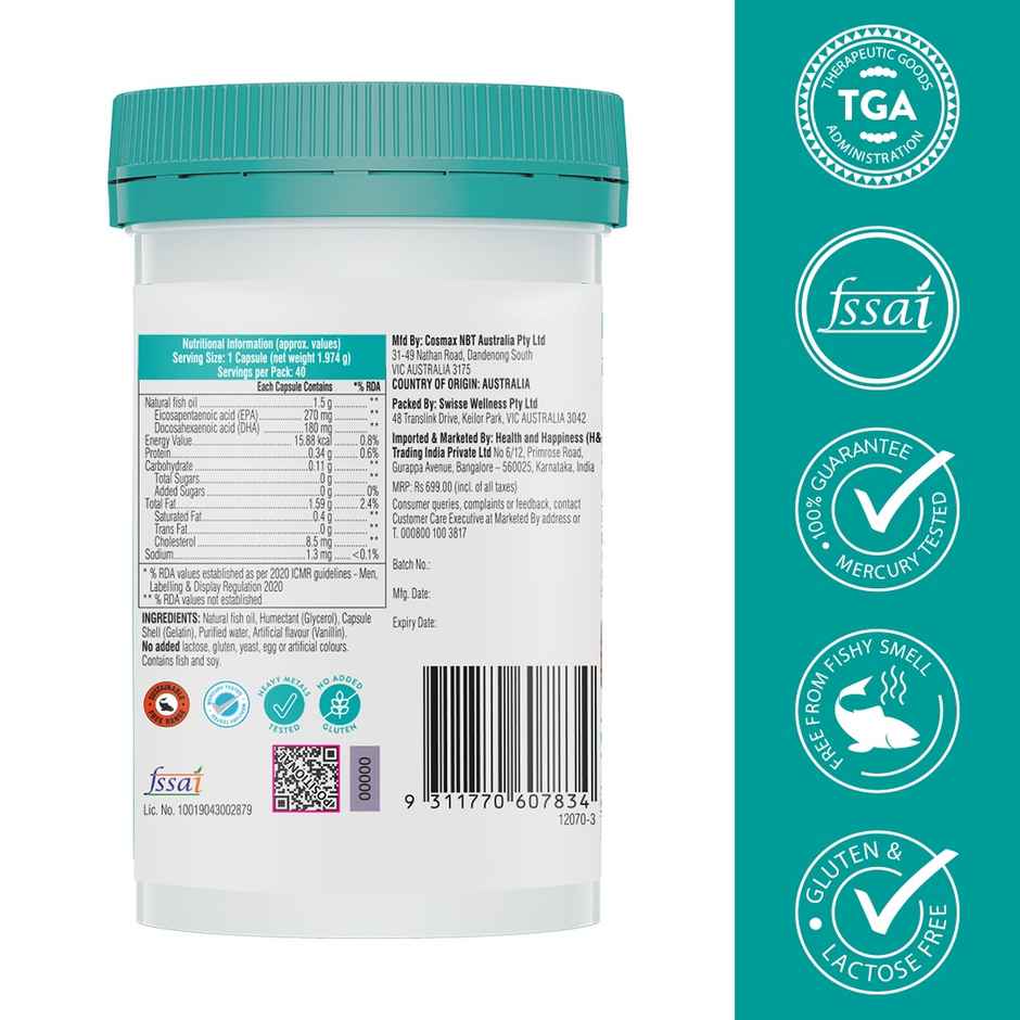 Swisse Fish Oil With 1500Mg Omega , Highest Omega-3 Content In One Capsule - 40 Days Pack