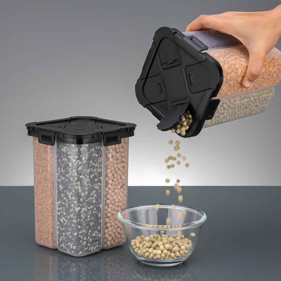 ReeQ 4 Section Airtight Dry Food Storage Container | Black Lid - 2 L