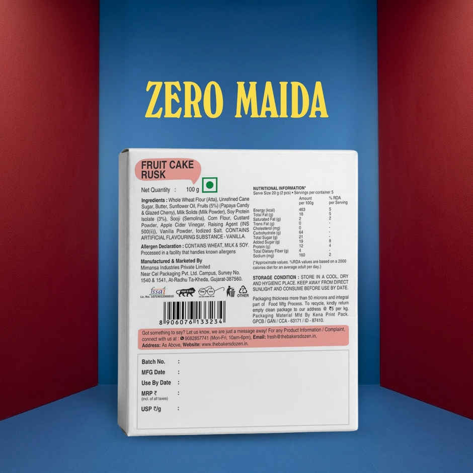 The Baker's Dozen Zero Maida Fruit Cake Rusk - High Protein
